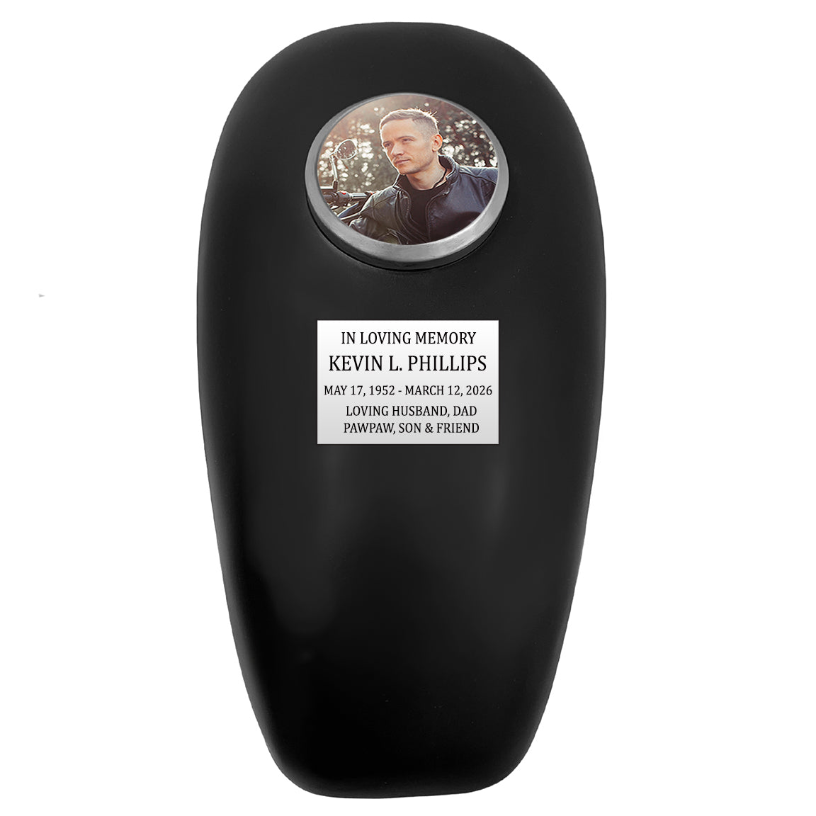Black Motorcycle Gas Tank Large Adult Cremation Urn - Free Plate & Photo Option