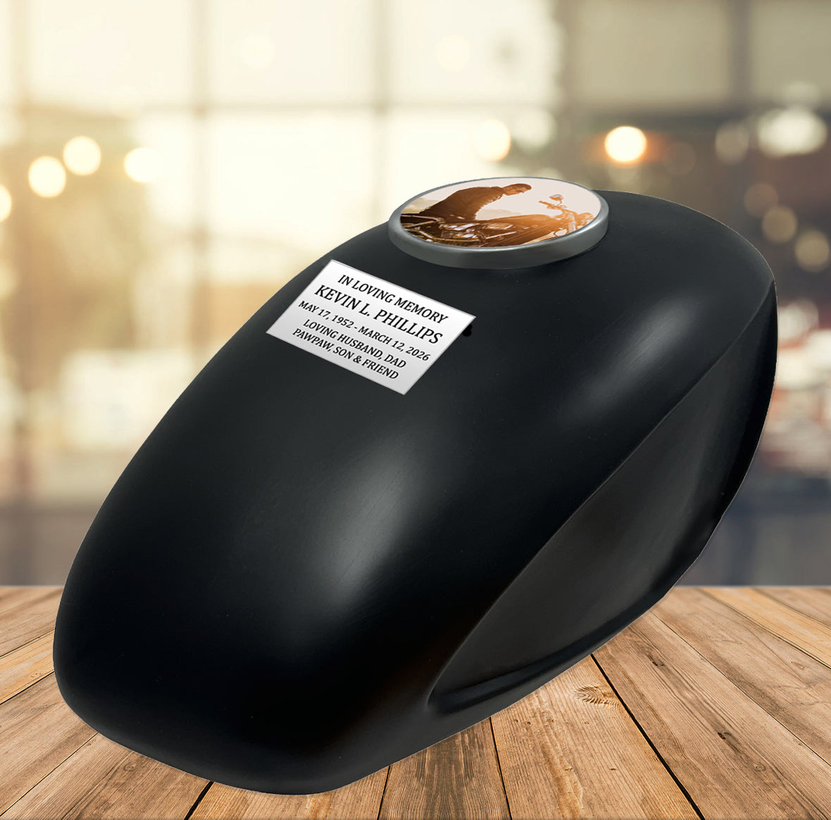Black Motorcycle Gas Tank Large Adult Cremation Urn - Free Plate & Photo Option