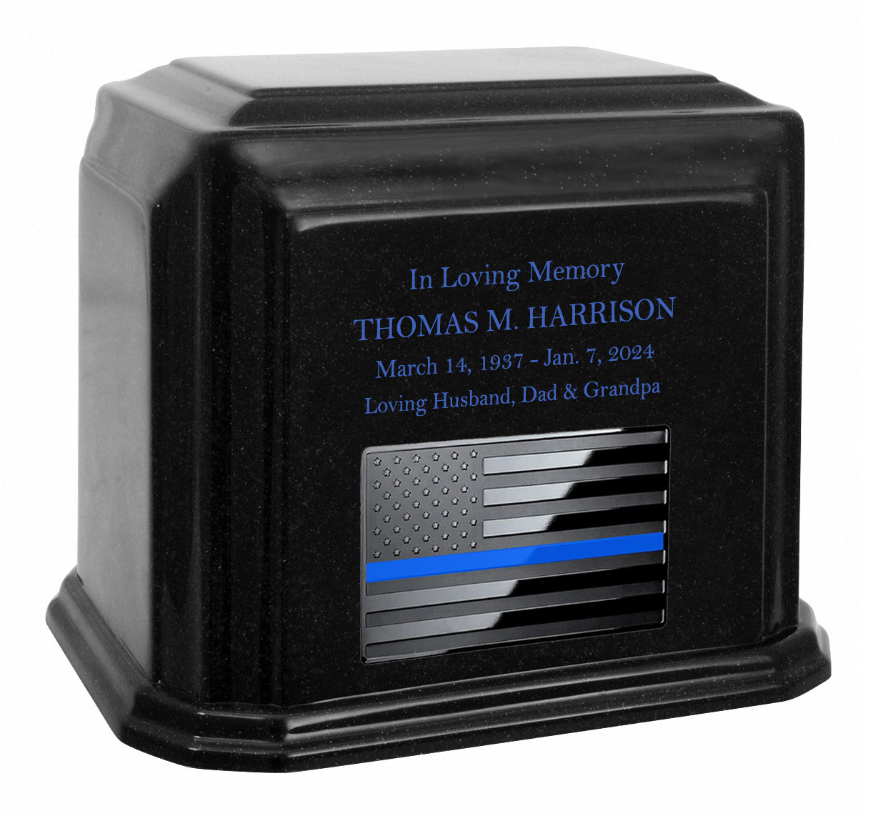 Thin Blue Line Police Monarch Black Granite Adult Cremation Urn