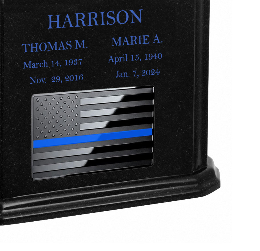 Thin Blue Line Police Monarch Companion Black Granite Urn ~ For Two Cremation Urn