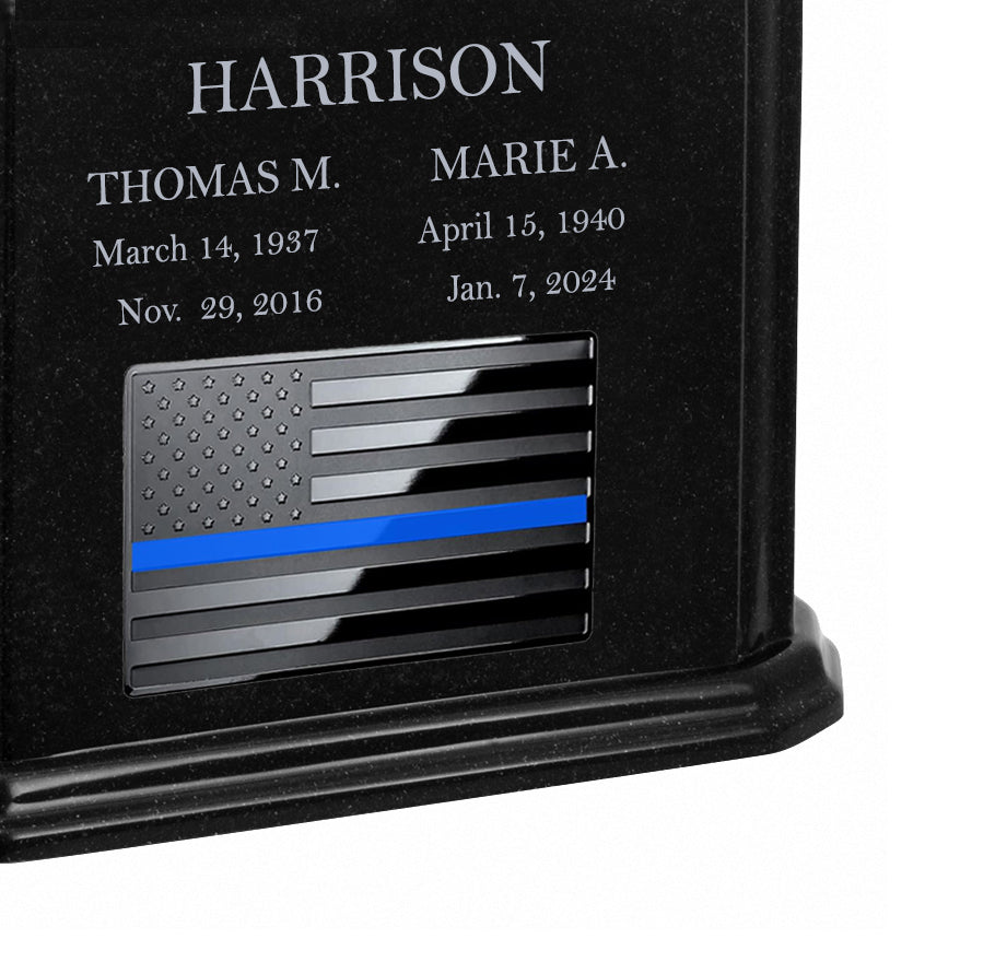 Thin Blue Line Police Monarch Companion Black Granite Urn ~ For Two Cremation Urn