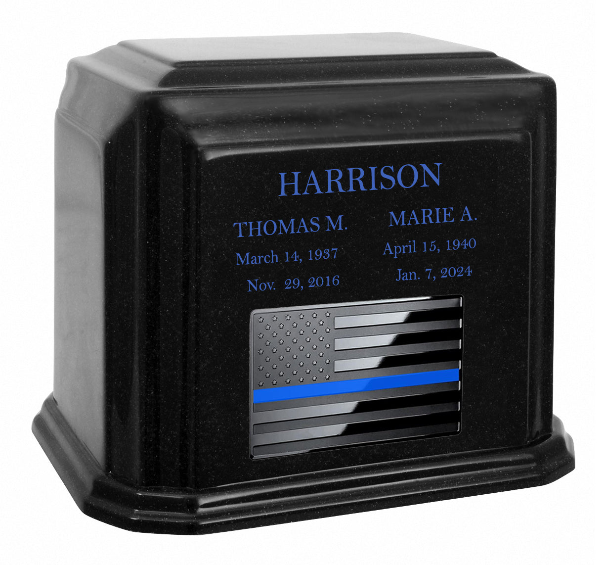Thin Blue Line Police Monarch Companion Black Granite Urn ~ For Two Cremation Urn