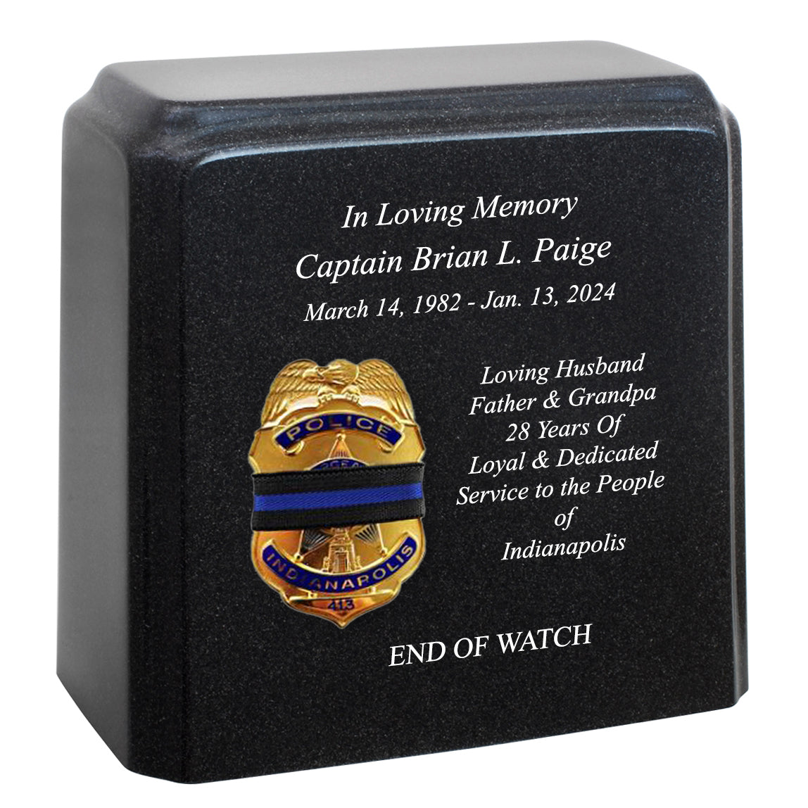 Police Badge Blue Line Mourning Band Granite Adult Cremation Urn - Free Engraving