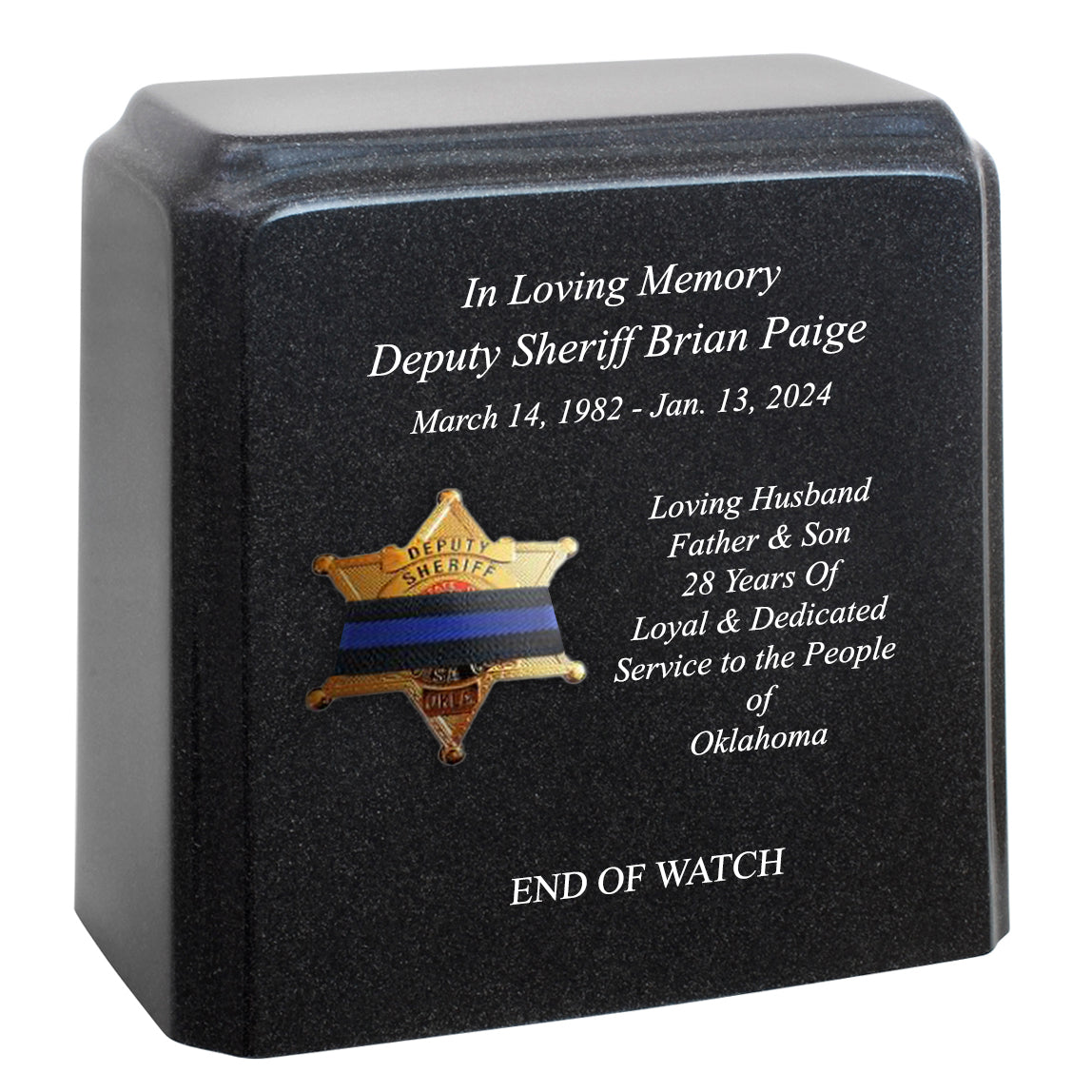 Sheriff Badge Blue Line Mourning Band Granite Adult Cremation Urn - Free Engraving