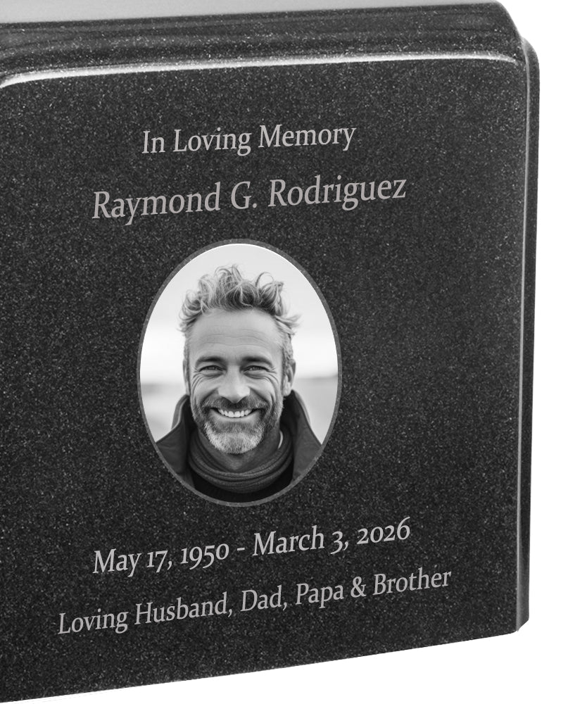 Black Granite Photo Adult Urn - Full Color or Black & White Picture Urn - Free Burgundy Bag