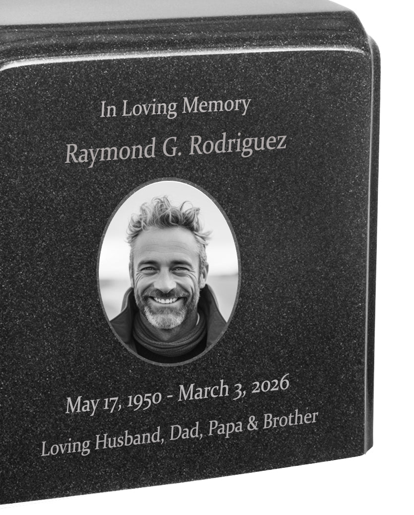 Black Granite Photo Adult Urn - Full Color or Black & White Picture Urn - Free Burgundy Bag