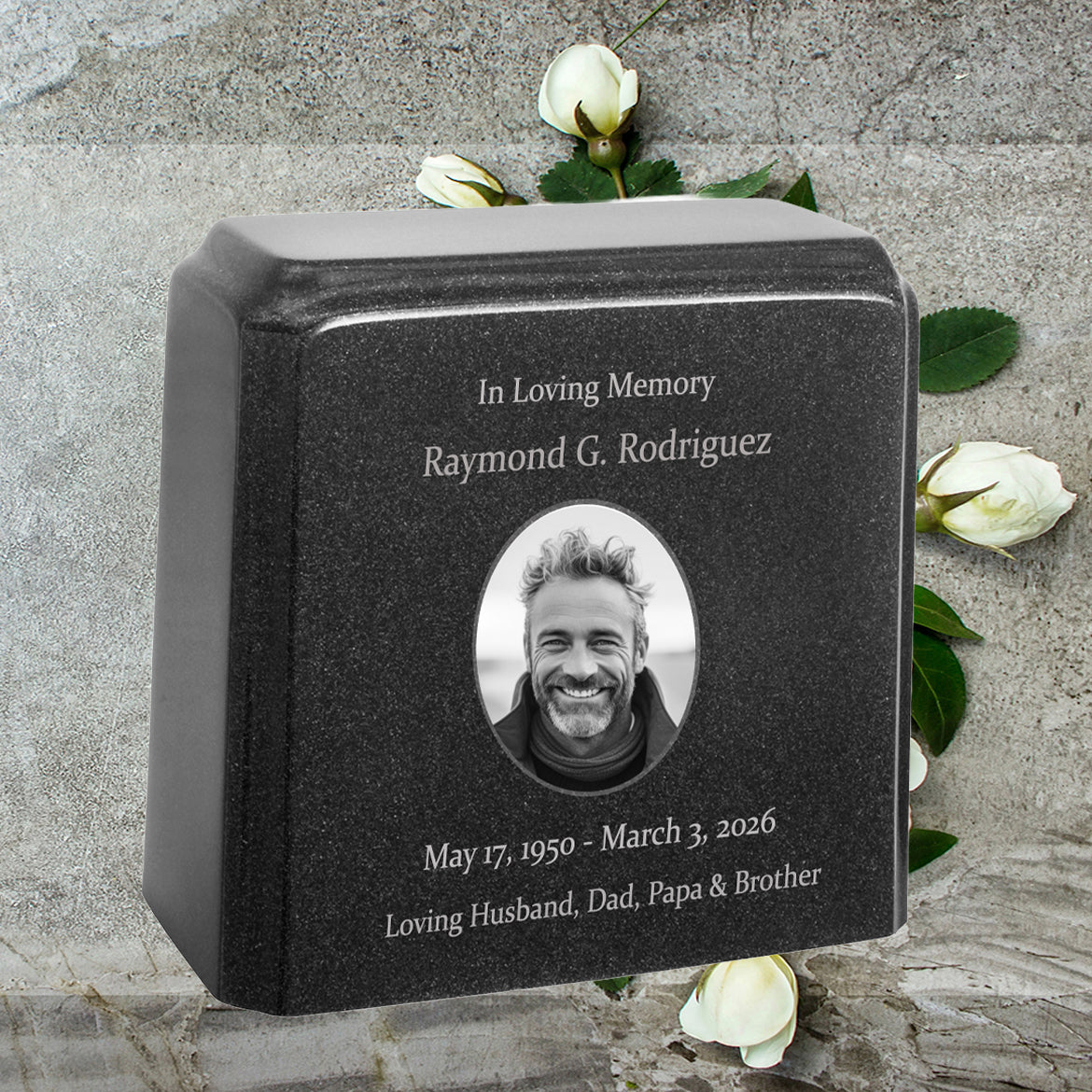 Black Granite Photo Adult Urn - Full Color or Black & White Picture Urn - Free Burgundy Bag