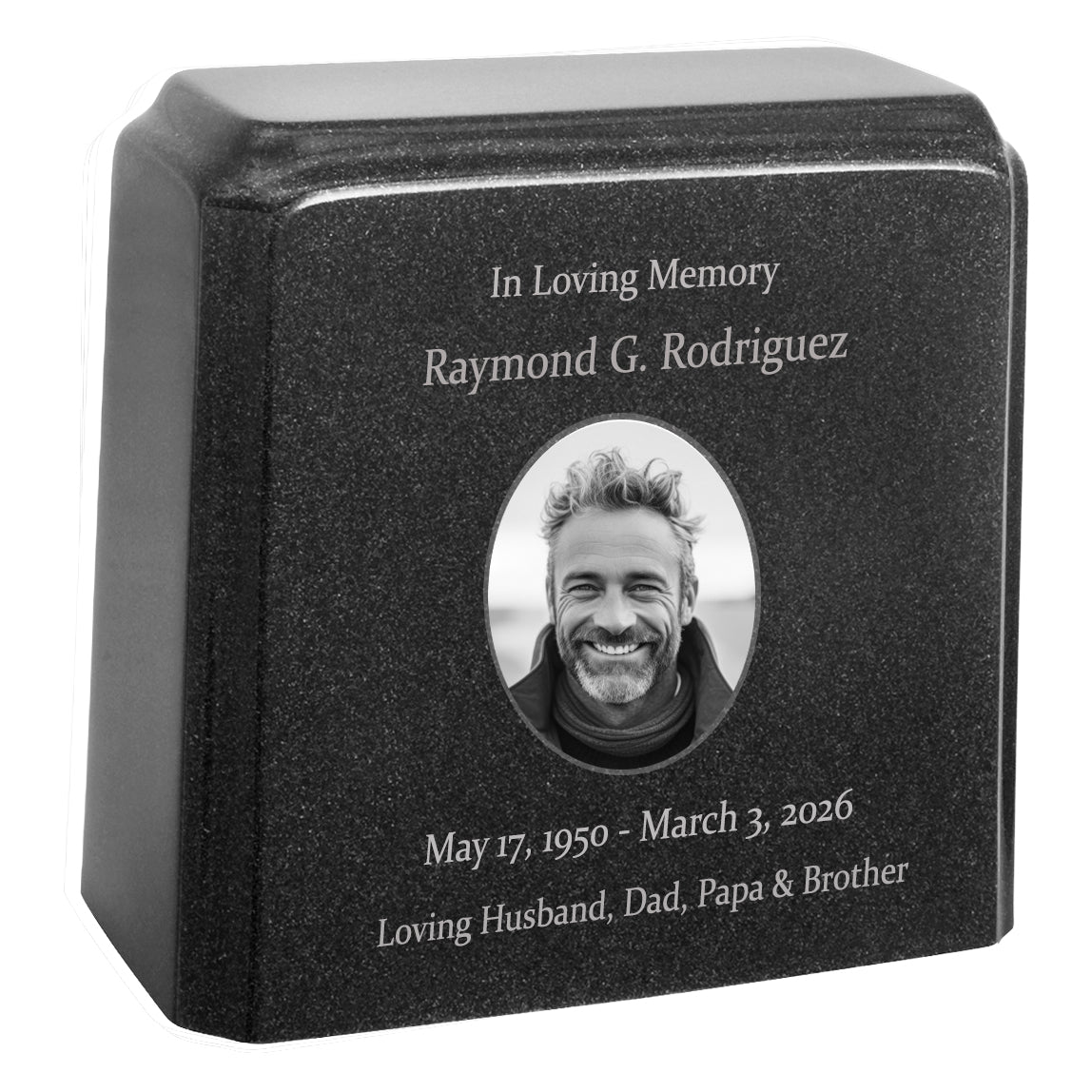 Black Granite Photo Adult Urn - Full Color or Black & White Picture Urn - Free Burgundy Bag