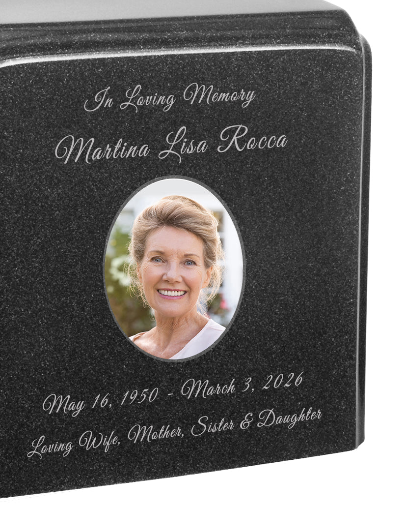 Black Granite Photo Adult Urn - Full Color or Black & White Picture Urn - Free Burgundy Bag