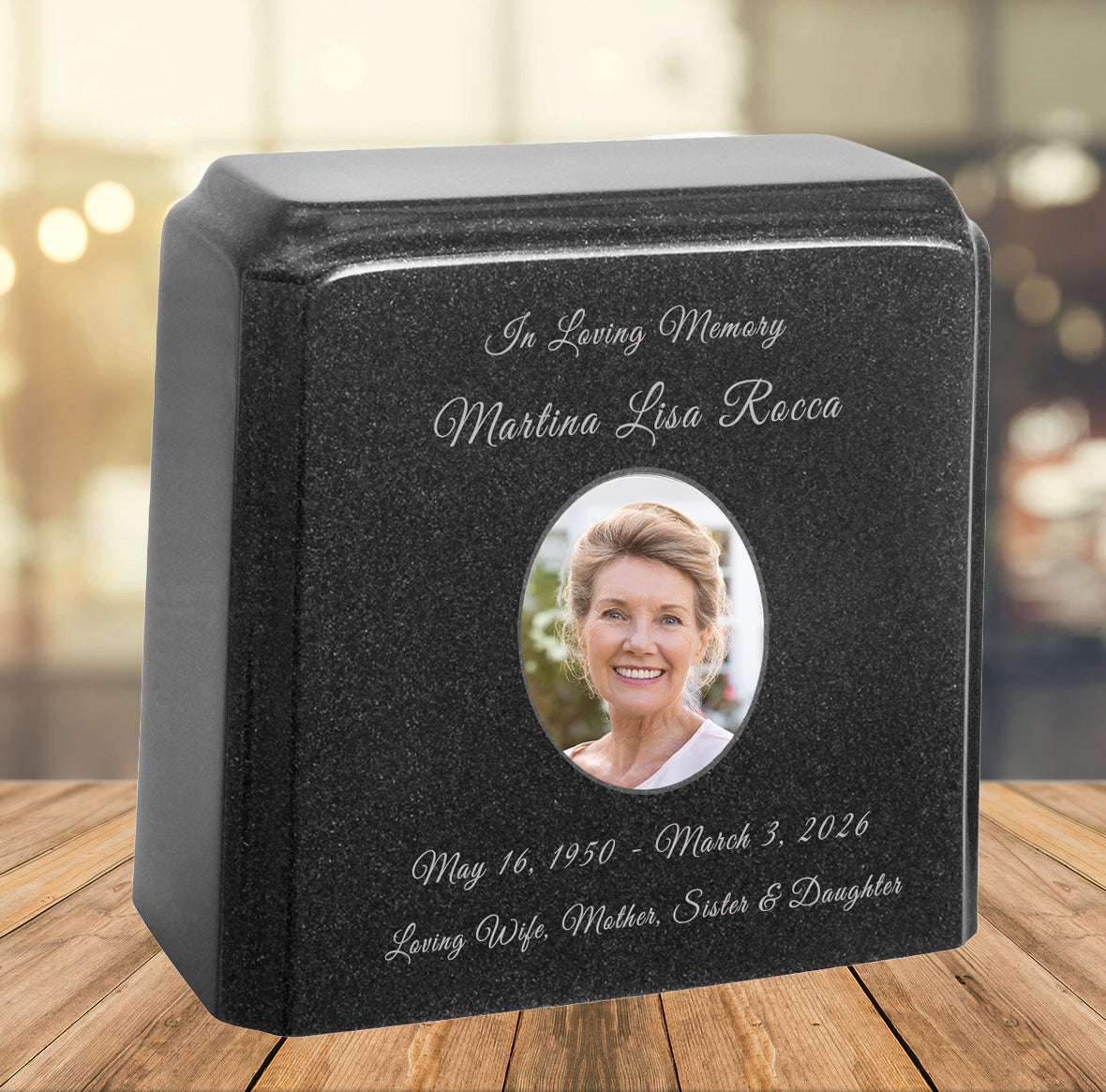 Black Granite Photo Adult Urn - Full Color or Black & White Picture Urn - Free Burgundy Bag