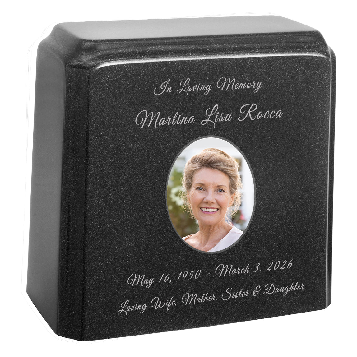 Black Granite Photo Adult Urn - Full Color or Black & White Picture Urn - Free Burgundy Bag