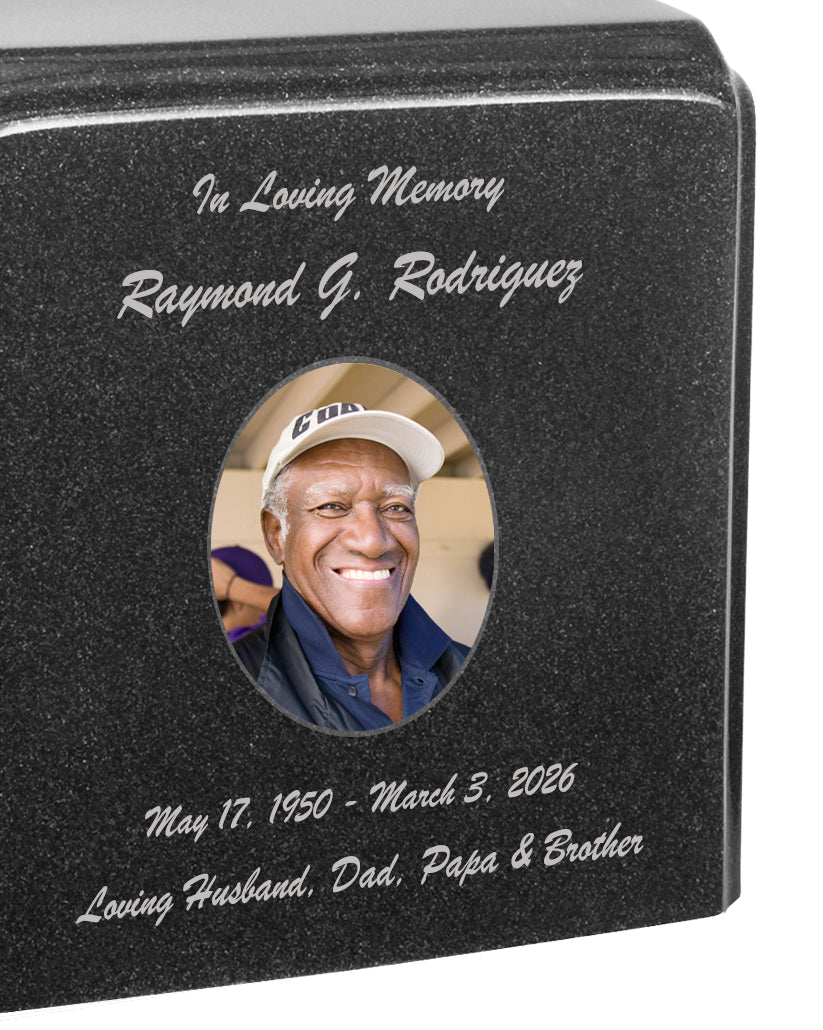 Black Granite Photo Adult Urn - Full Color or Black & White Picture Urn - Free Burgundy Bag