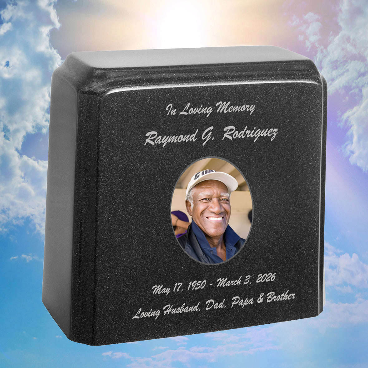 Black Granite Photo Adult Urn - Full Color or Black & White Picture Urn - Free Burgundy Bag