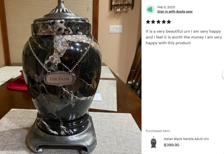 Royal Black Marble Urn Adult Sized Roman Styled Cremation urn