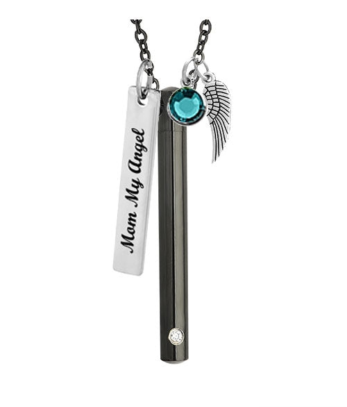 Black Slender Cylinder Cremation Jewelry Urn - Love Charm Option