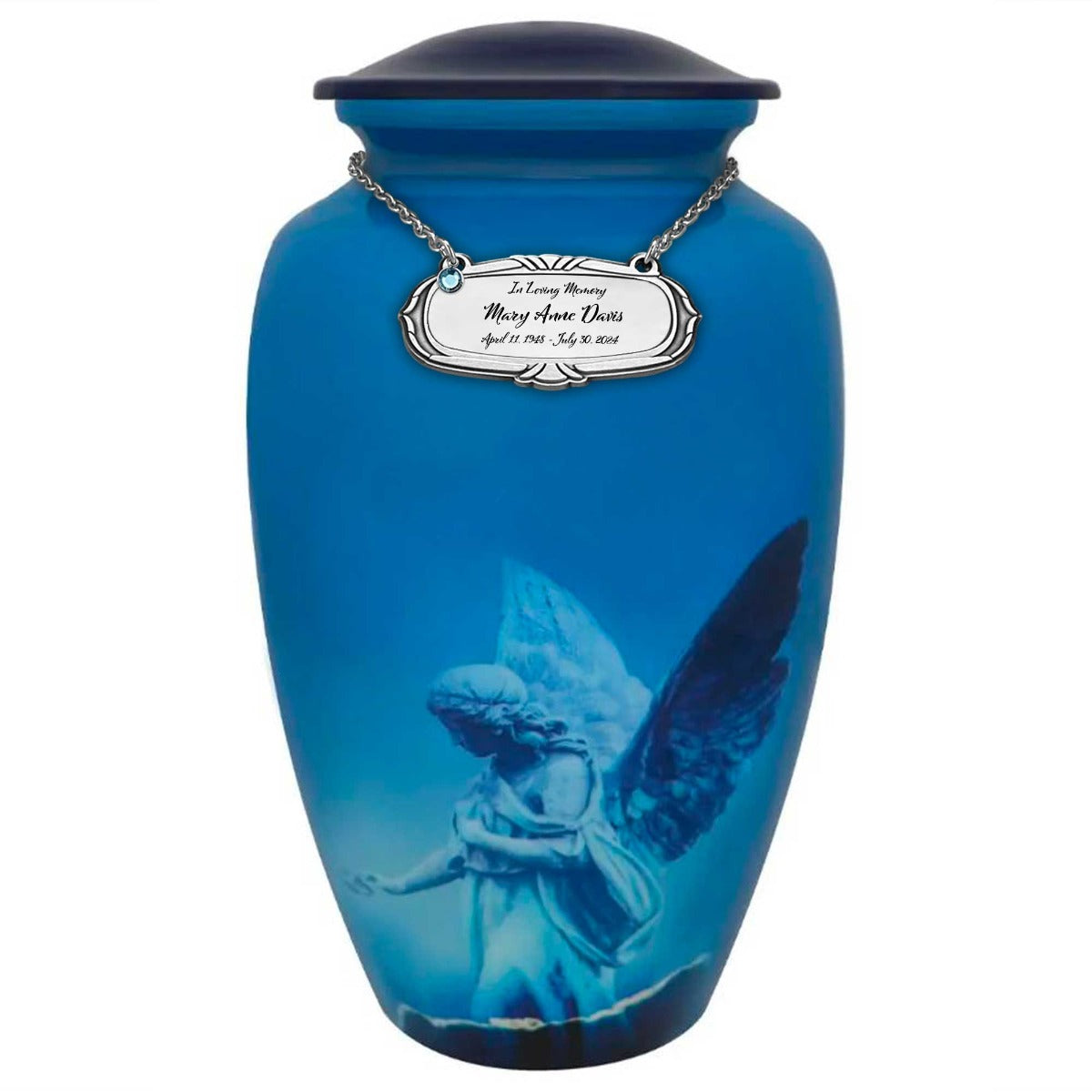 Blue Angel of Protection Cremation Urn - Tribute Wreath™ - Pro Sand Carved Engraving