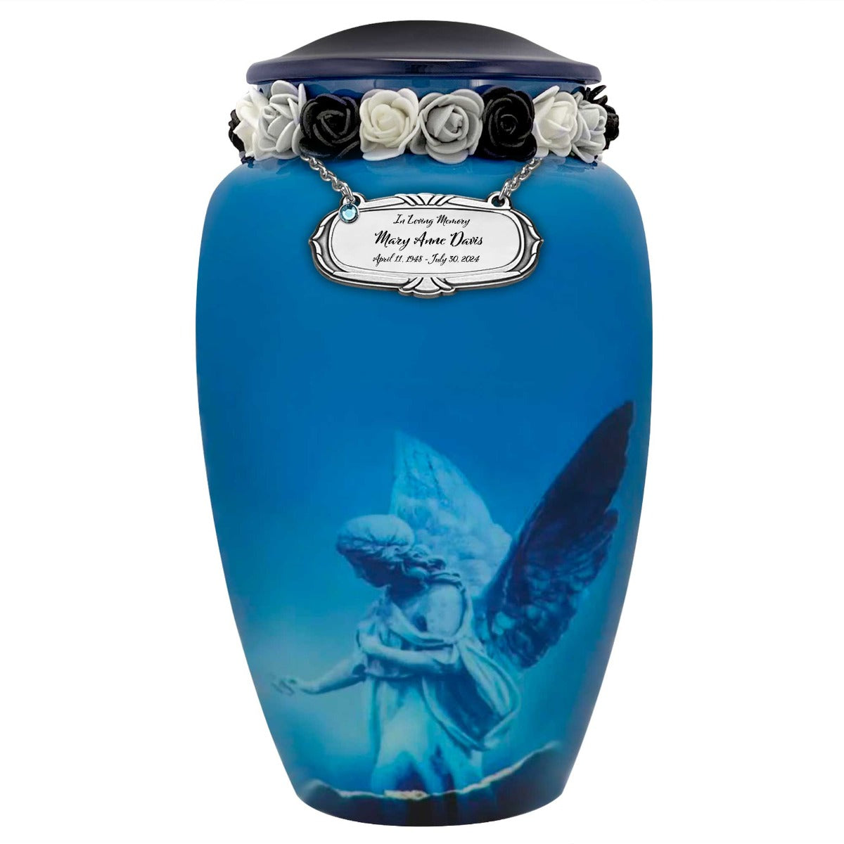 Blue Angel of Protection Cremation Urn - Tribute Wreath™ - Pro Sand Carved Engraving