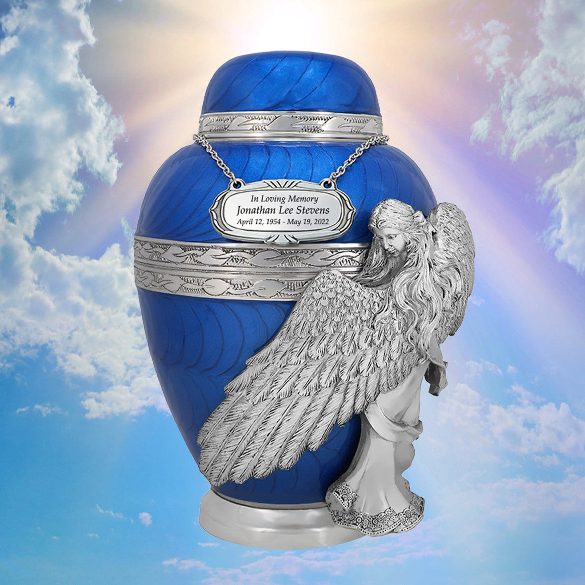 Wings of an Angel Blue Adult Urn - Pro Laser Engraving - Burial Vault Option