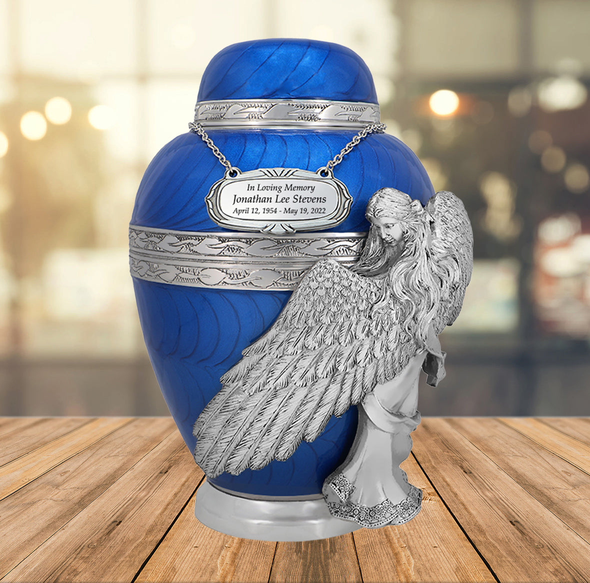 Wings of an Angel Blue Adult Urn - Pro Laser Engraving - Burial Vault Option