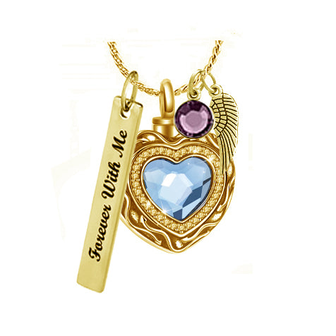 Blue Crystal Heart Gold Cremation Jewelry Urn  - Love Charms™ Option