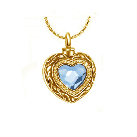 Blue Crystal Heart Gold Cremation Jewelry Urn  - Love Charms™ Option