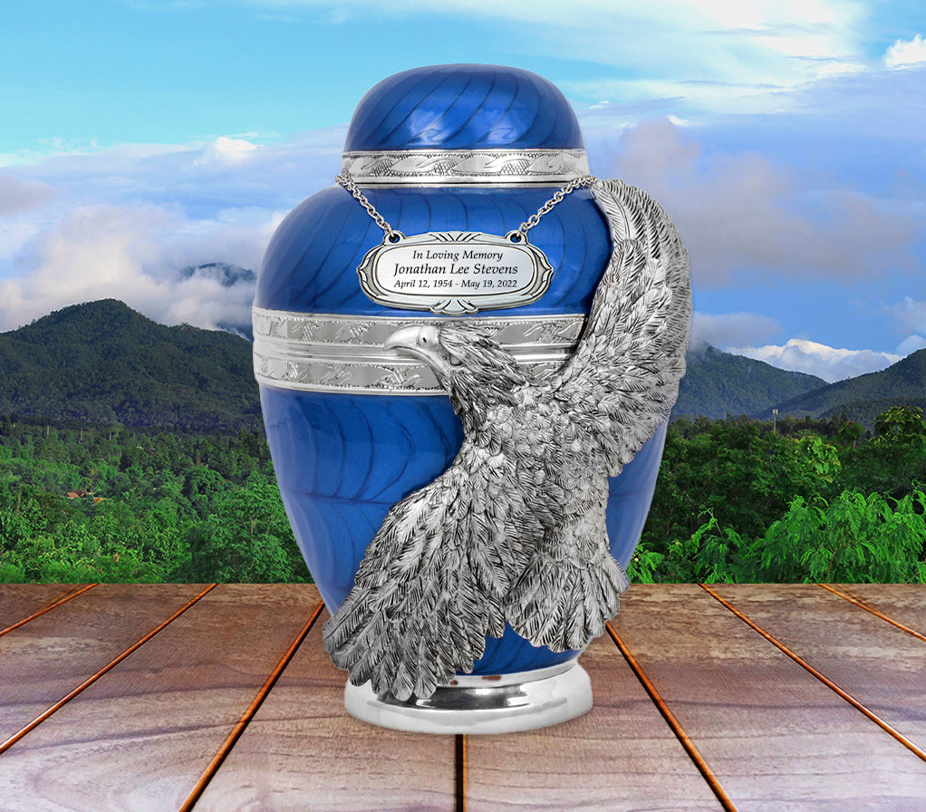 Soaring Eagle Blue Adult Urn - Pro Laser Engraving - Burial Vault Option