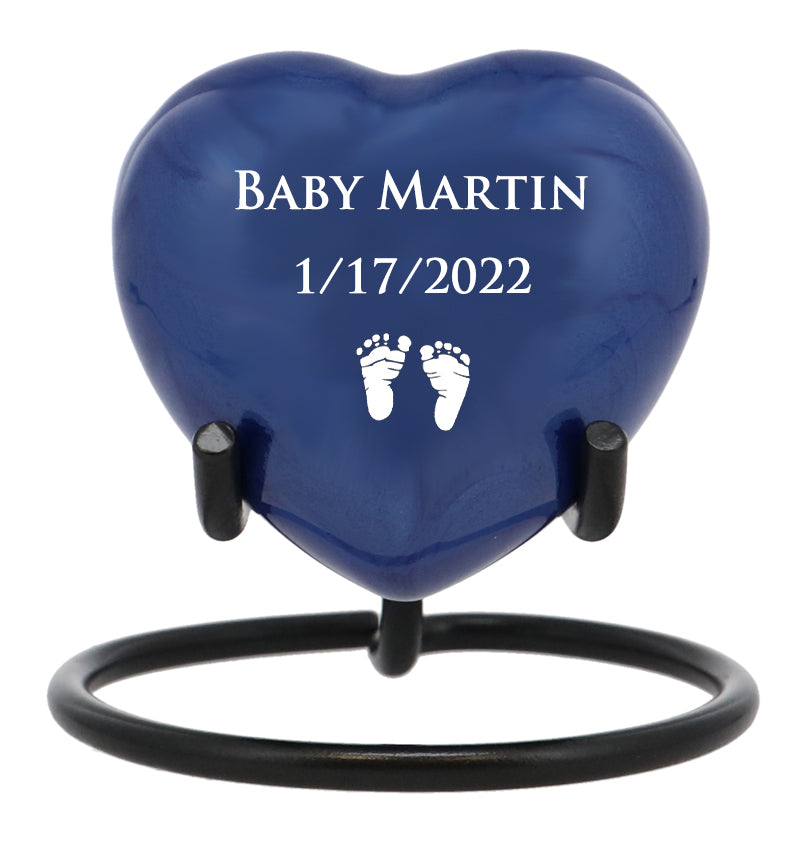 Blue Swirl Engraved Heart Keepsake Urn - Stand Option
