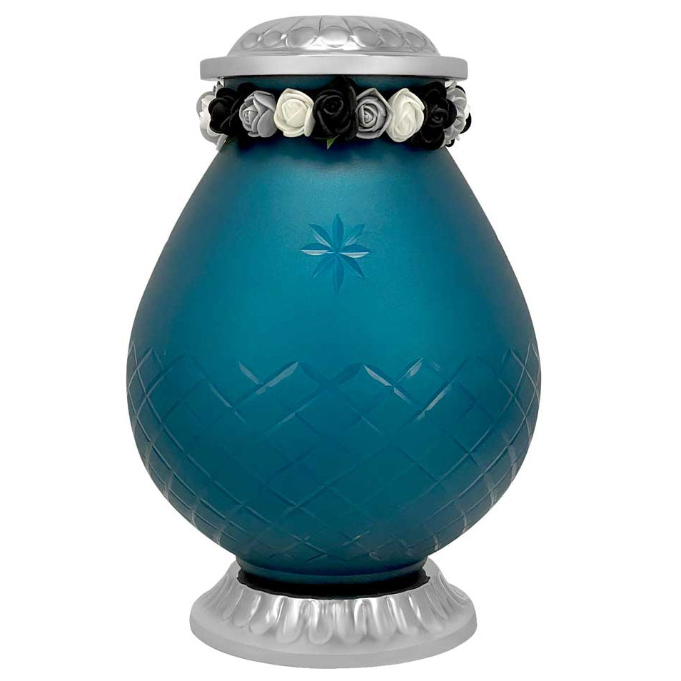 Star Burst Aqua Glass Pewter Urn - Tribute Wreath™ - Pro Laser Engraving