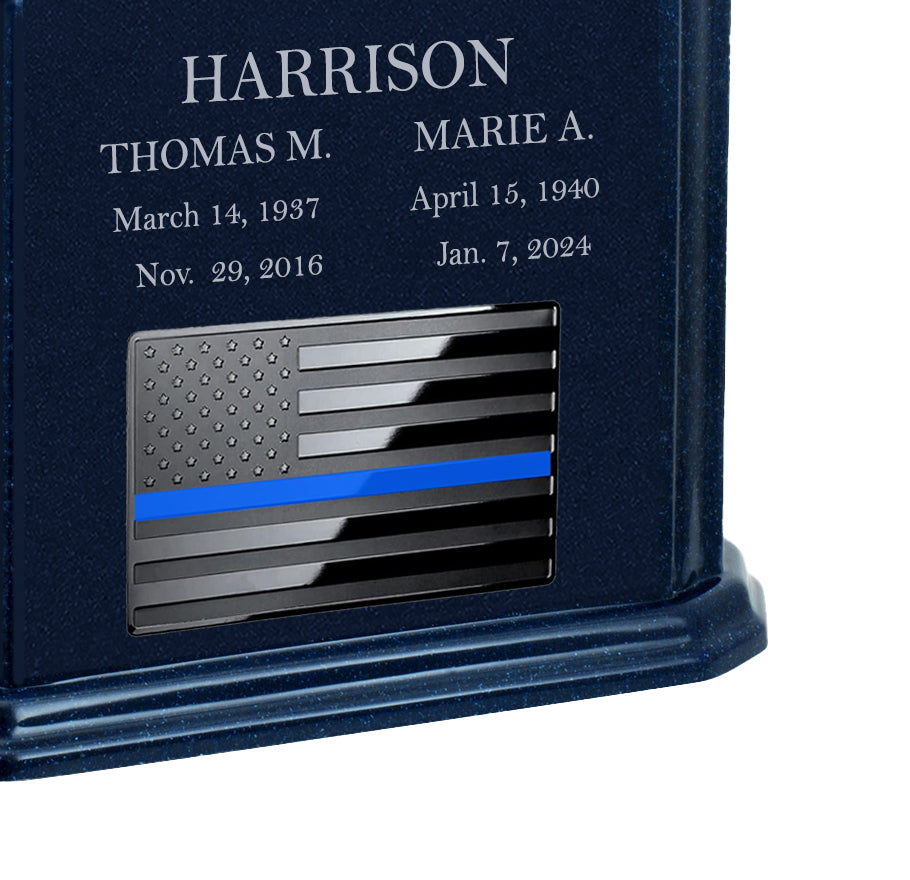 Thin Blue Line Police Monarch Companion Blue Granite Urn ~ For Two Cremation Urn
