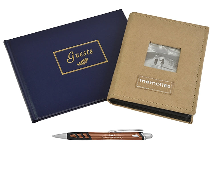 Navy Blue Funeral Guest Book Tan Photo Album & Pen