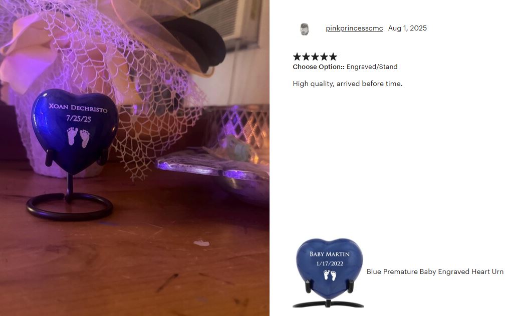 Blue Premature Baby Engraved Heart Urn - Stand Option