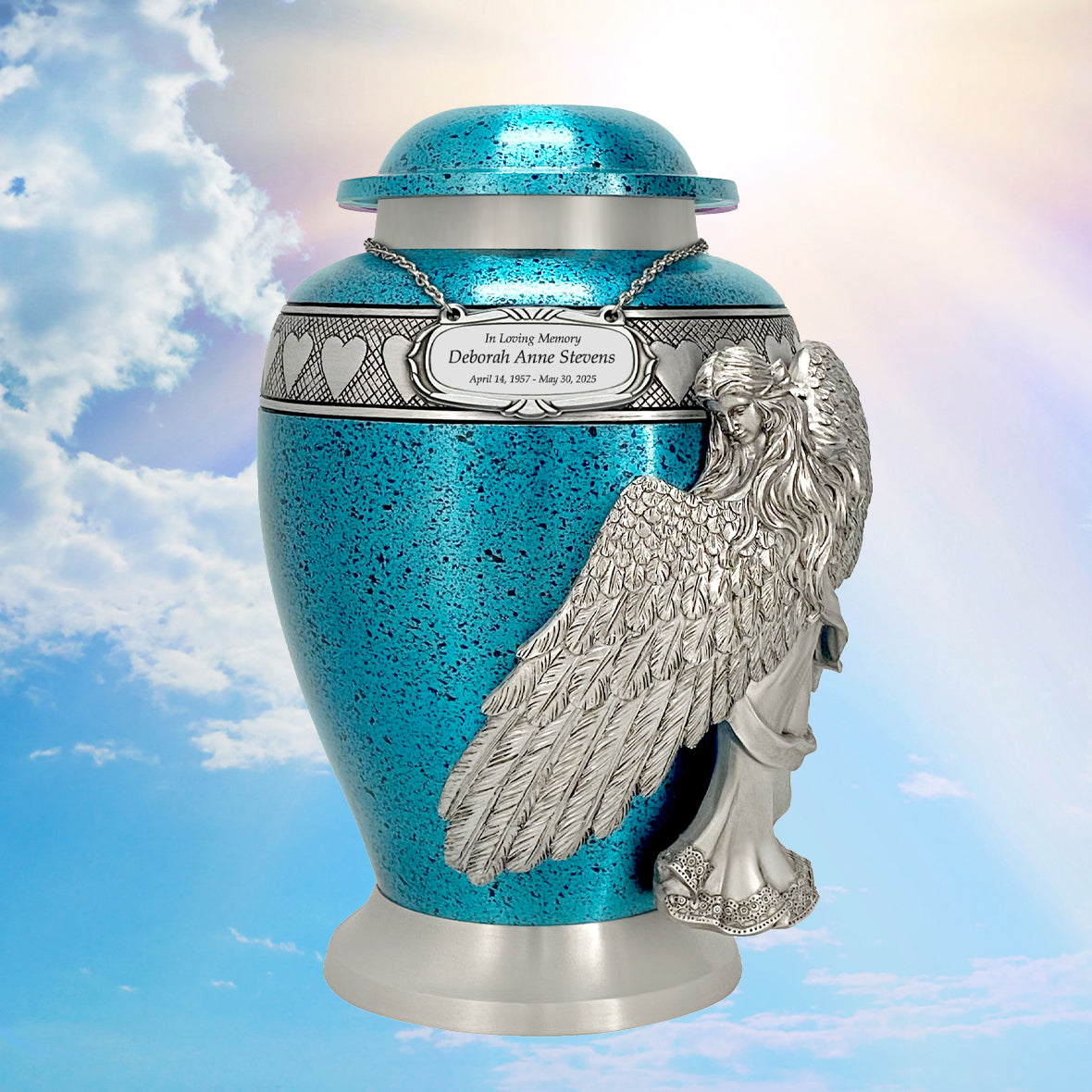 Wings of an Angel Teal Hearts Adult Urn - Pro Laser Engraving - Burial Vault Option
