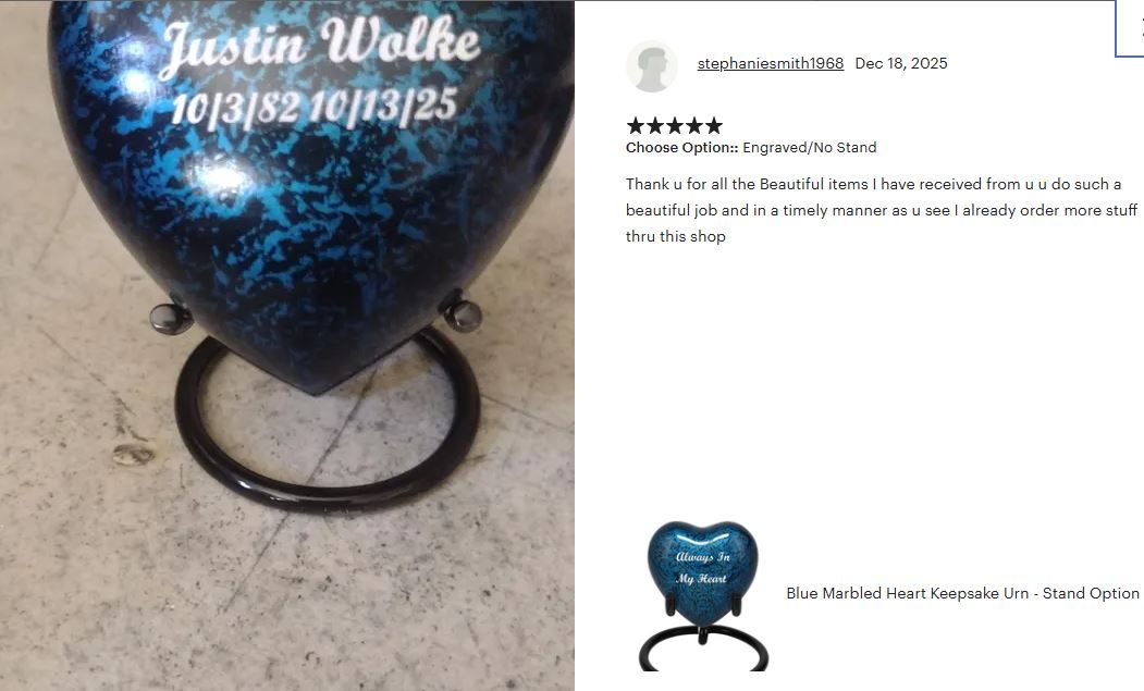 Blue Marbled Heart Keepsake Urn - Stand Option