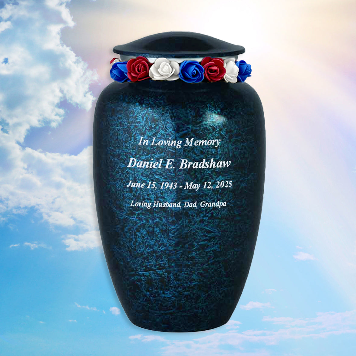Blue Marbled Pewter Cremation Adult Urn - Tribute Wreath™ - Pro Laser Engraving