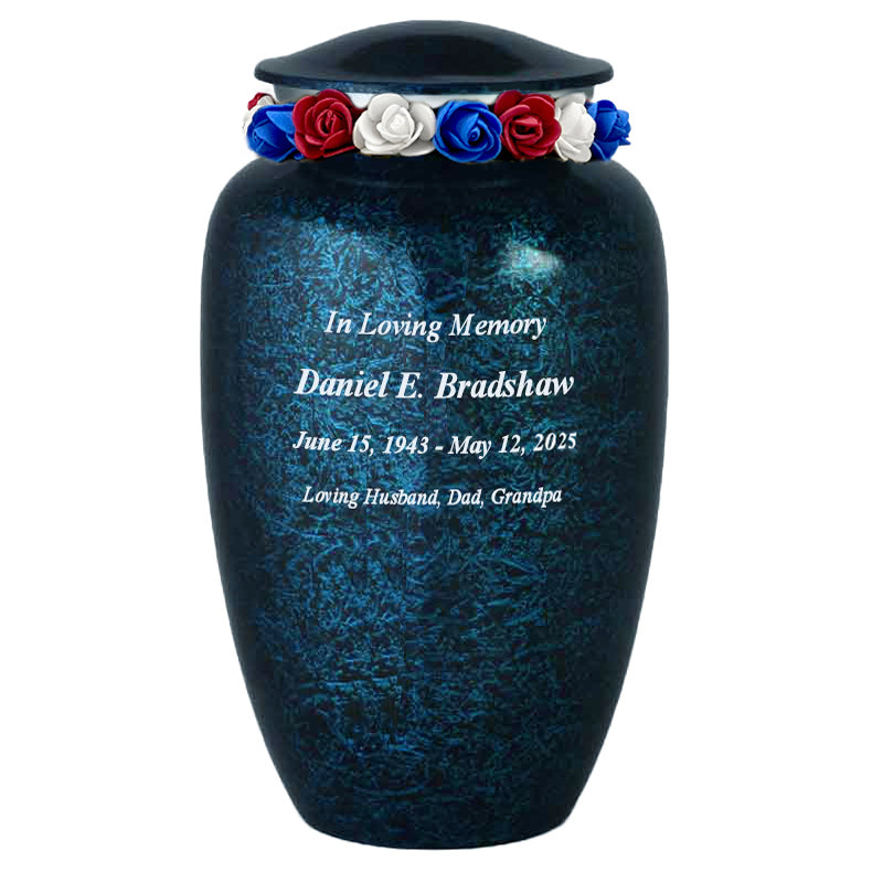 Blue Marbled Pewter Cremation Adult Urn - Tribute Wreath™ - Pro Laser Engraving
