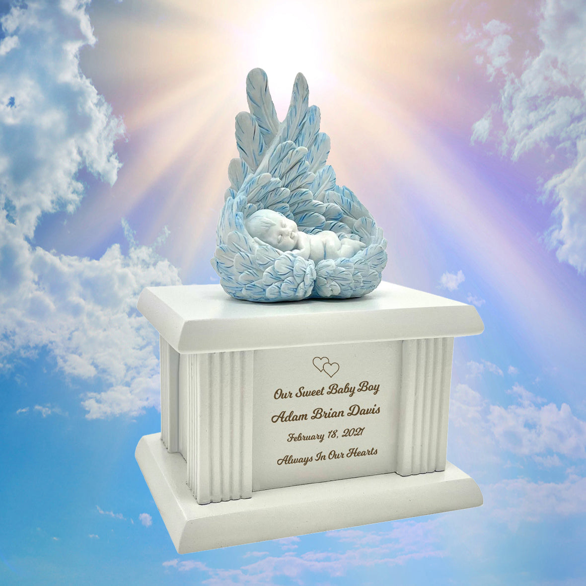 New Born Infant Blue Angel Column Urn  - Baby Boy Urn For Infants