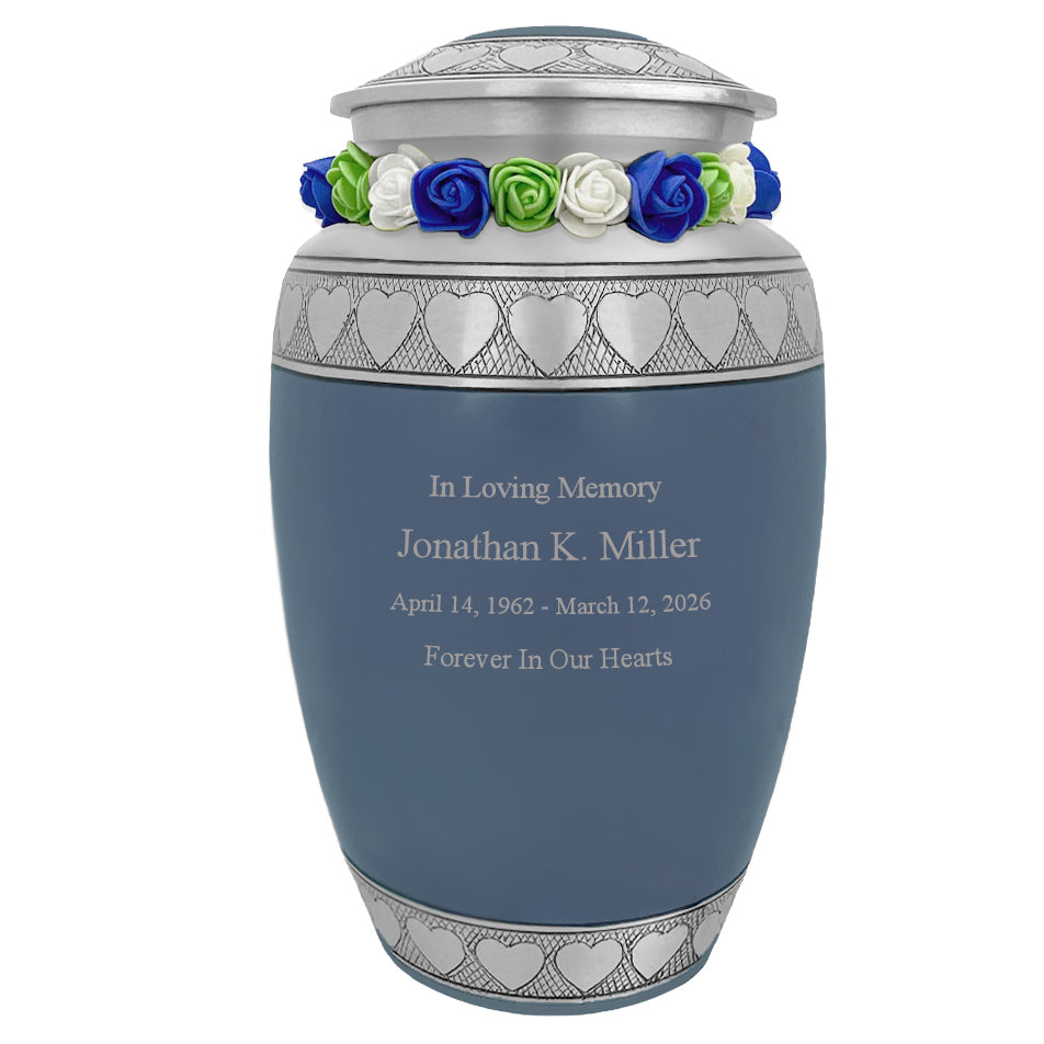 Blue Hearts Pewter Adult Urn - Tribute Wreath™ - Pro Laser Engraving - Burial Vault Option