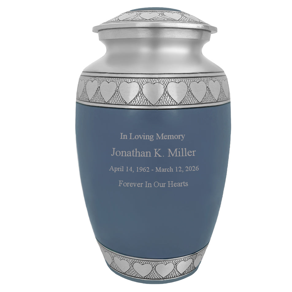 Blue Hearts Pewter Adult Urn - Tribute Wreath™ - Pro Laser Engraving - Burial Vault Option
