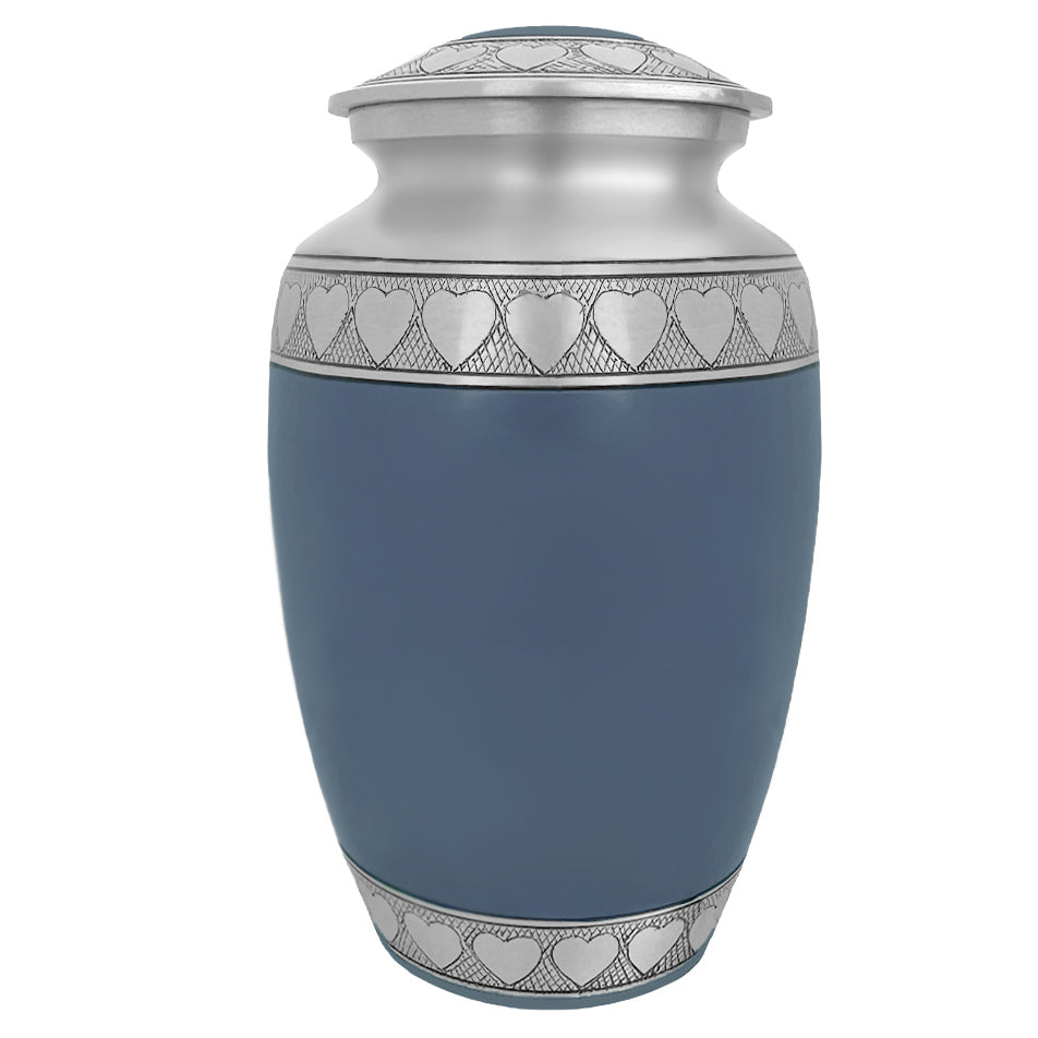 Blue Hearts Pewter Adult Urn - Tribute Wreath™ - Pro Laser Engraving - Burial Vault Option