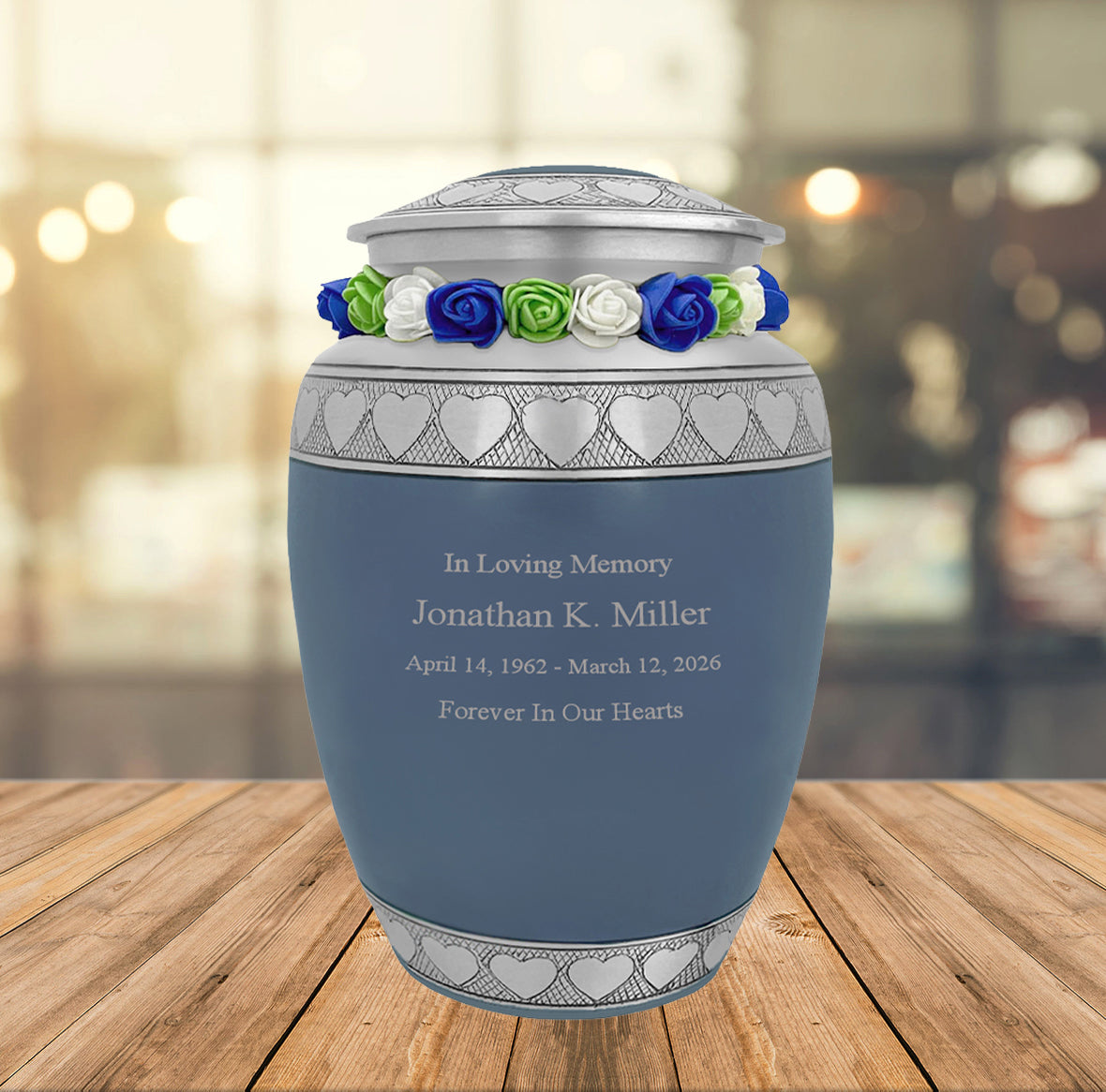 Blue Hearts Pewter Medium Urn - Tribute Wreath™ - Pro Laser Engraving