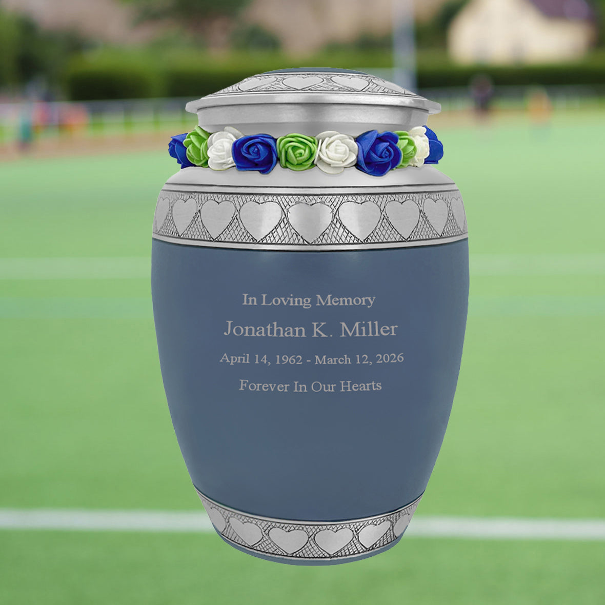 Blue Hearts Pewter Medium Urn - Tribute Wreath™ - Pro Laser Engraving