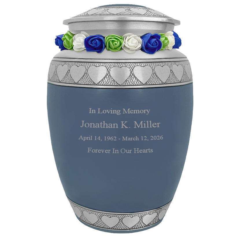 Blue Hearts Pewter Medium Urn - Tribute Wreath™ - Pro Laser Engraving