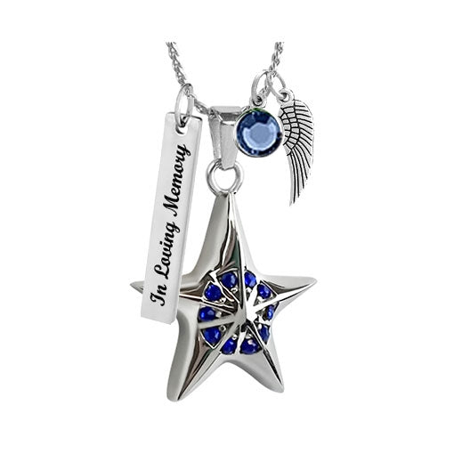 Blue Star Crystal Cremation Jewelry Urn - Love Charms Option