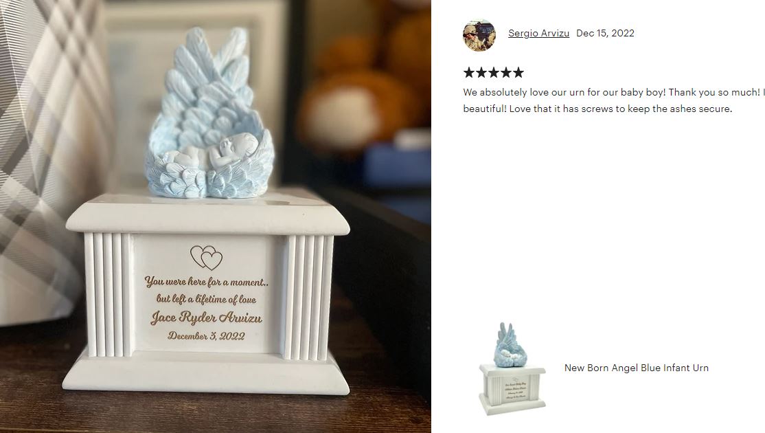 New Born Infant Blue Angel Column Urn  - Baby Boy Urn For Infants