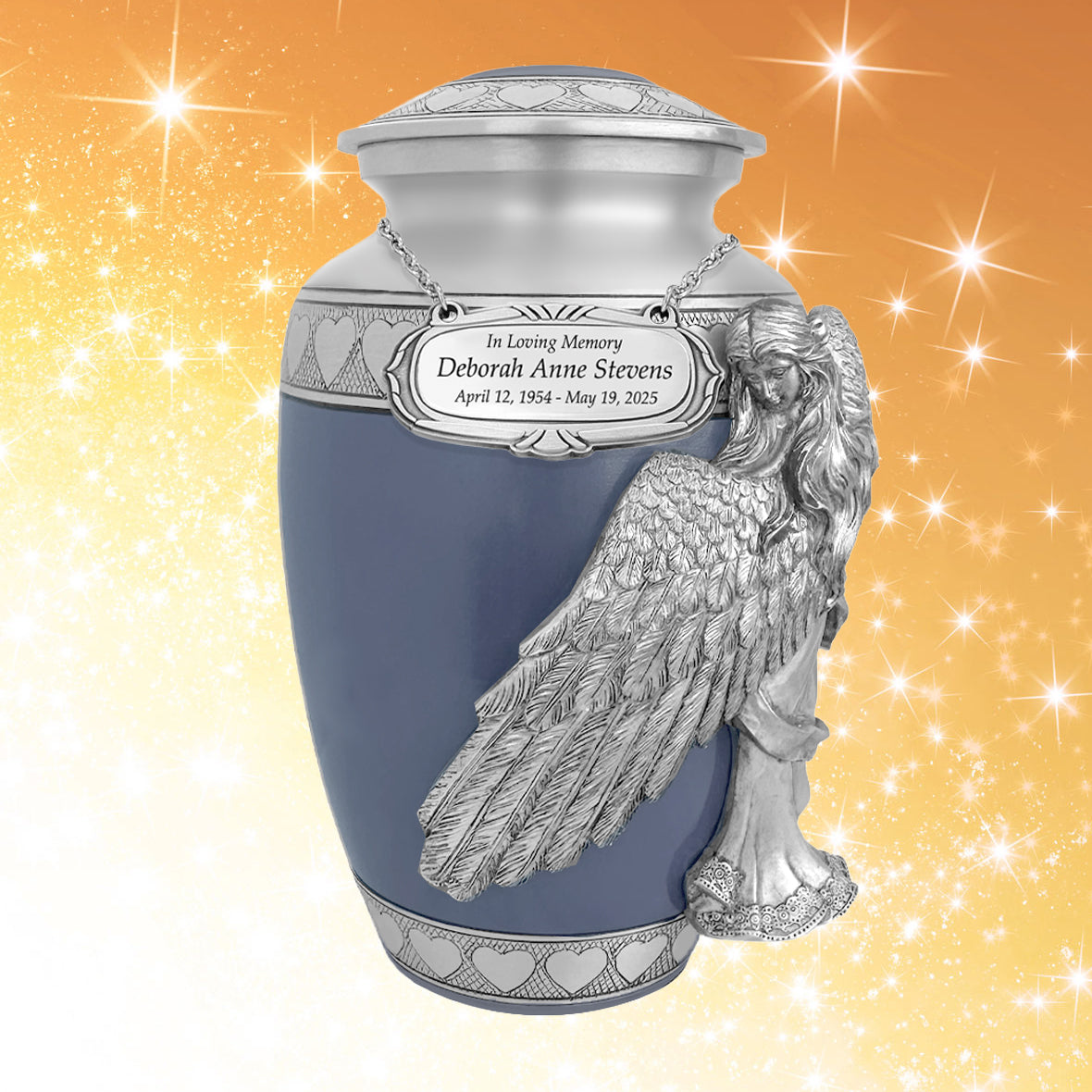 Wings of an Angel Blue Hearts Adult Urn - Pro Laser Engraving - Burial Vault Option
