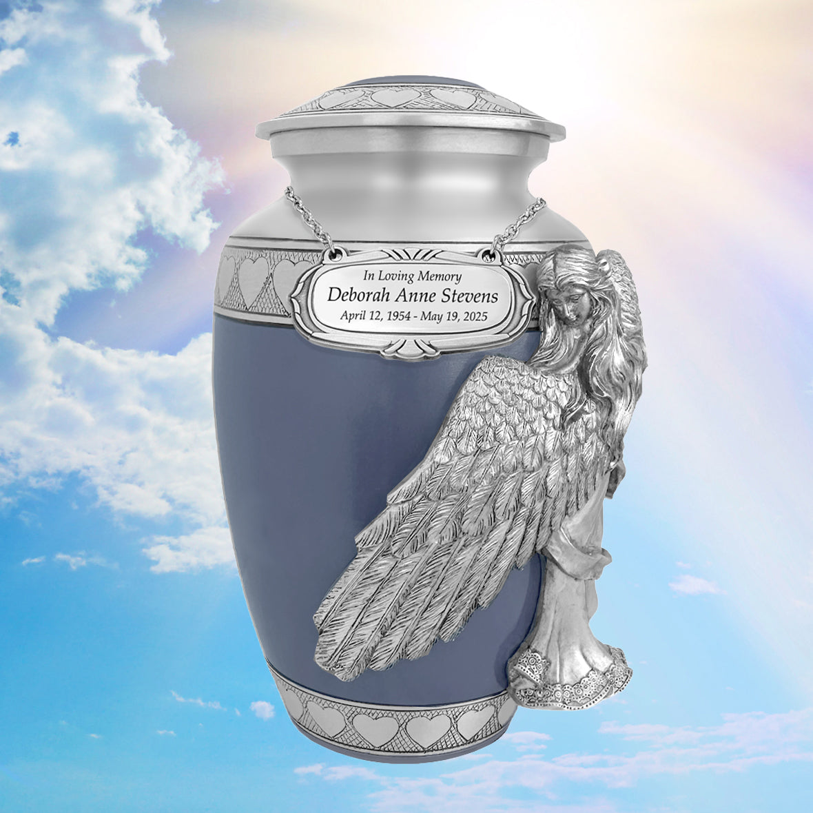 Wings of an Angel Blue Hearts Adult Urn - Pro Laser Engraving - Burial Vault Option