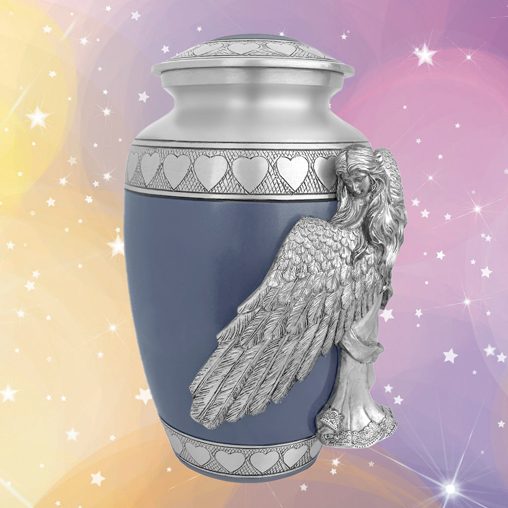Wings of an Angel Blue Hearts Adult Urn - Pro Laser Engraving - Burial Vault Option