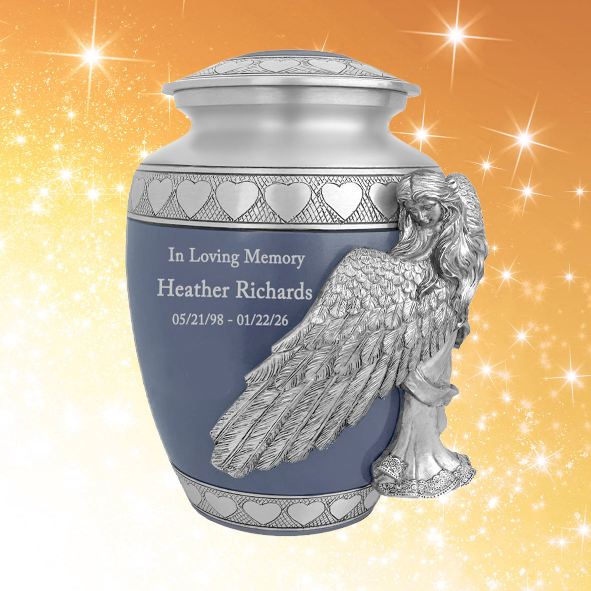 Medium, Youth or Pet Wings of an Angel Blue Hearts Urn - Pro Laser Engraving