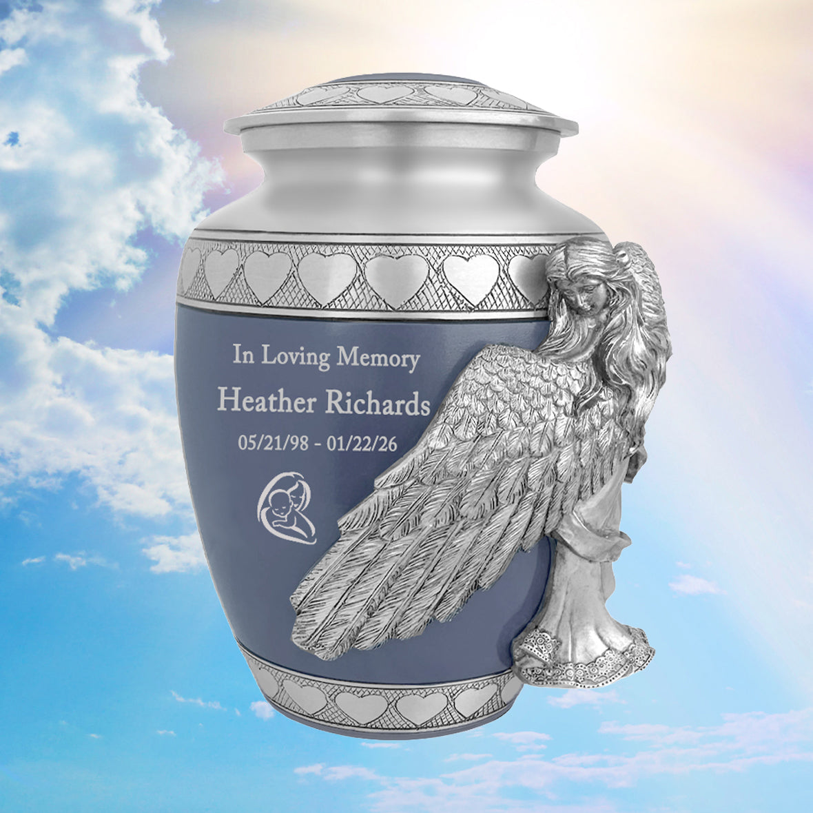 Medium, Youth or Pet Wings of an Angel Blue Hearts Urn - Pro Laser Engraving