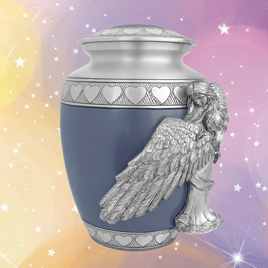 Medium, Youth or Pet Wings of an Angel Blue Hearts Urn - Pro Laser Engraving